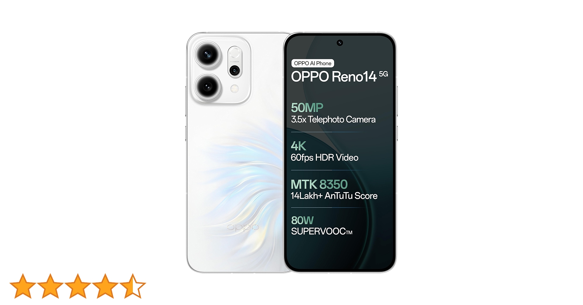OPPO Reno14 5G (Pearl White, 8GB RAM, 256GB Storage) with No Cost